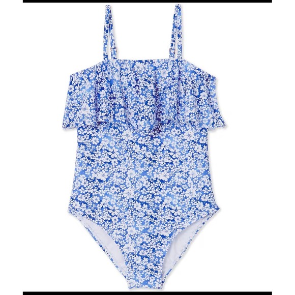 Raisins Other - Raisins Girls Blue Floral Ruffle One Piece Swimsuit Back Cutout Size 10